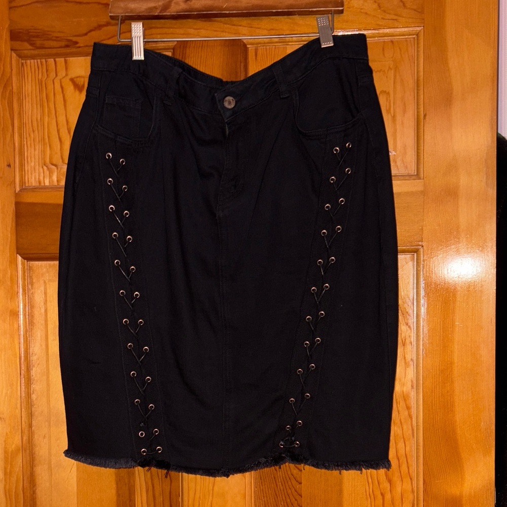 Black Lace-Up Denim Skirt